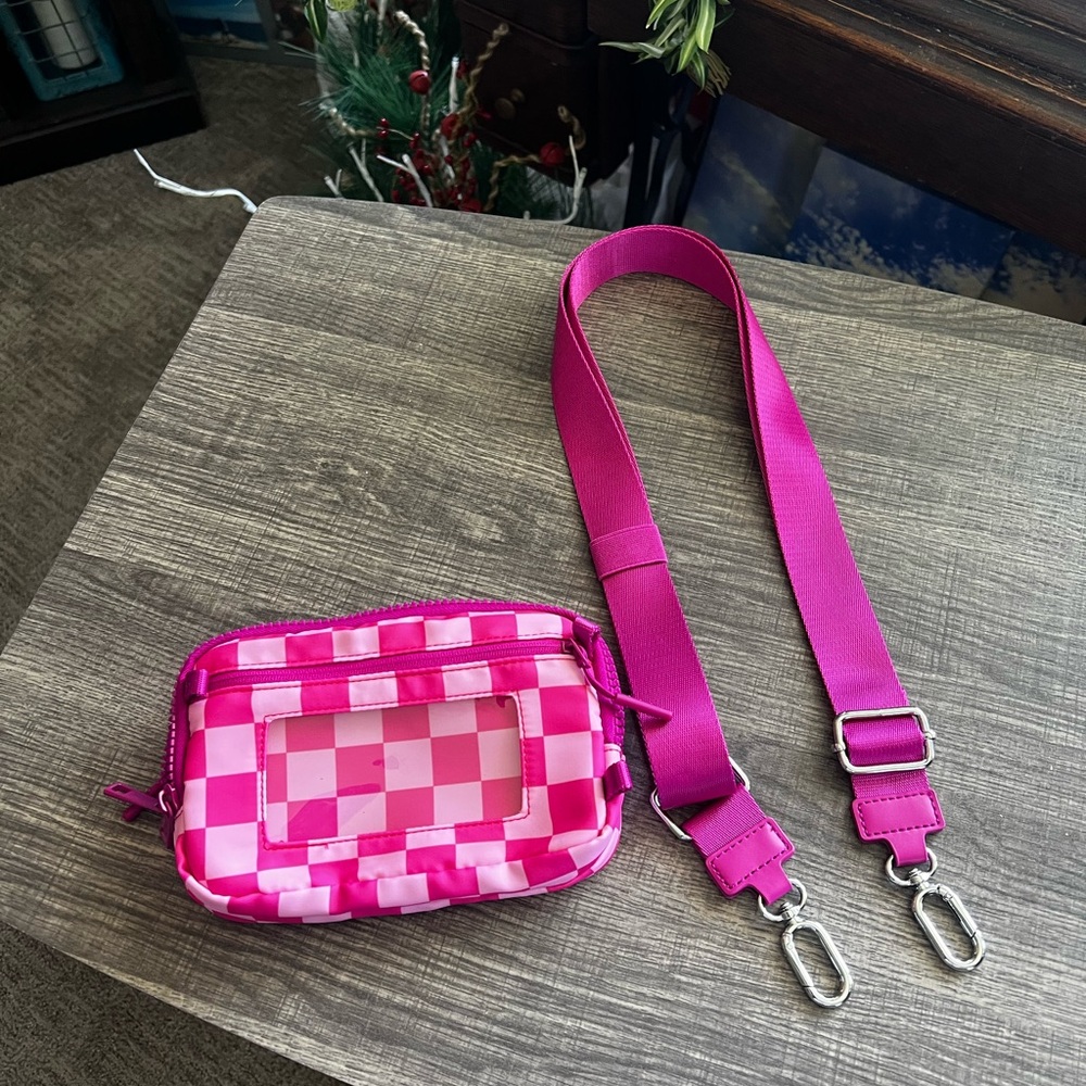 Pink Checkered Crossbody Bag with Strap
